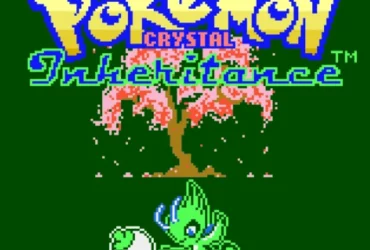 Pokémon Crystal Version title screen with a cherry‑blossom tree and a small green dragon‑like Pokémon on a green background.